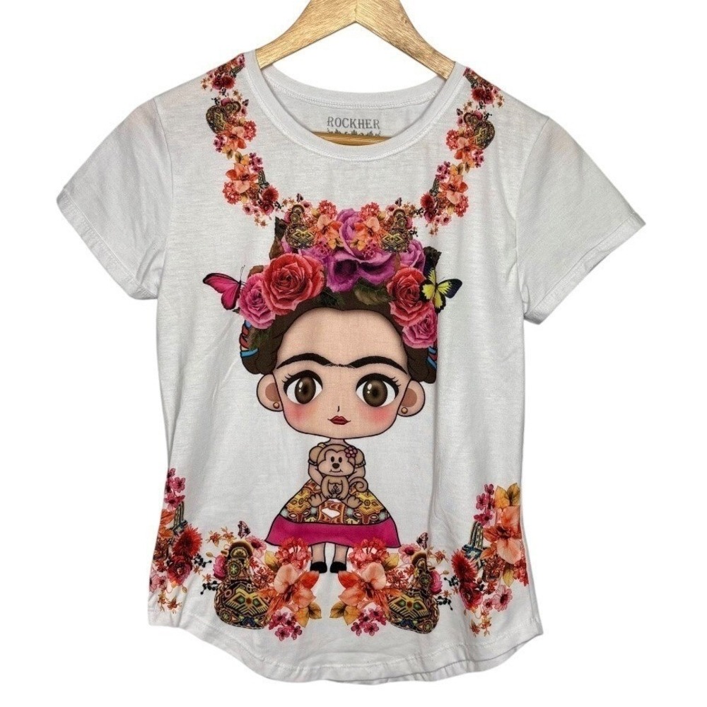 Rockher Frida Kahlo Graphic T-Shirt Womens Size M White Floral Butterfly Art Tee